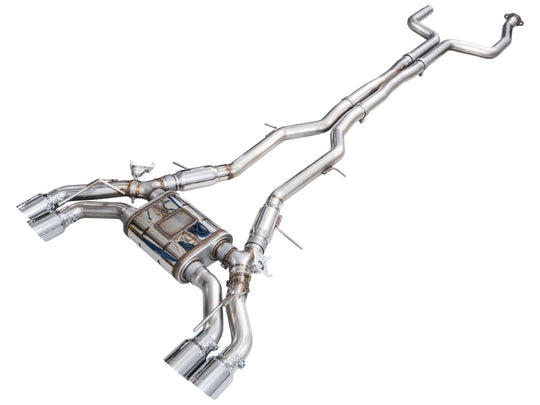 AWE Tuning Cadillac CT5-V Blackwing catback exhaust with chrome silver tips, showcasing the sleek, polished exhaust system.