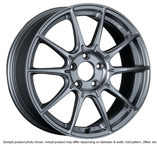 SSR GTX01 17x9 cast wheel with 5x100 bolt pattern and 38mm offset in dark silver finish, showing the wheel's design details.