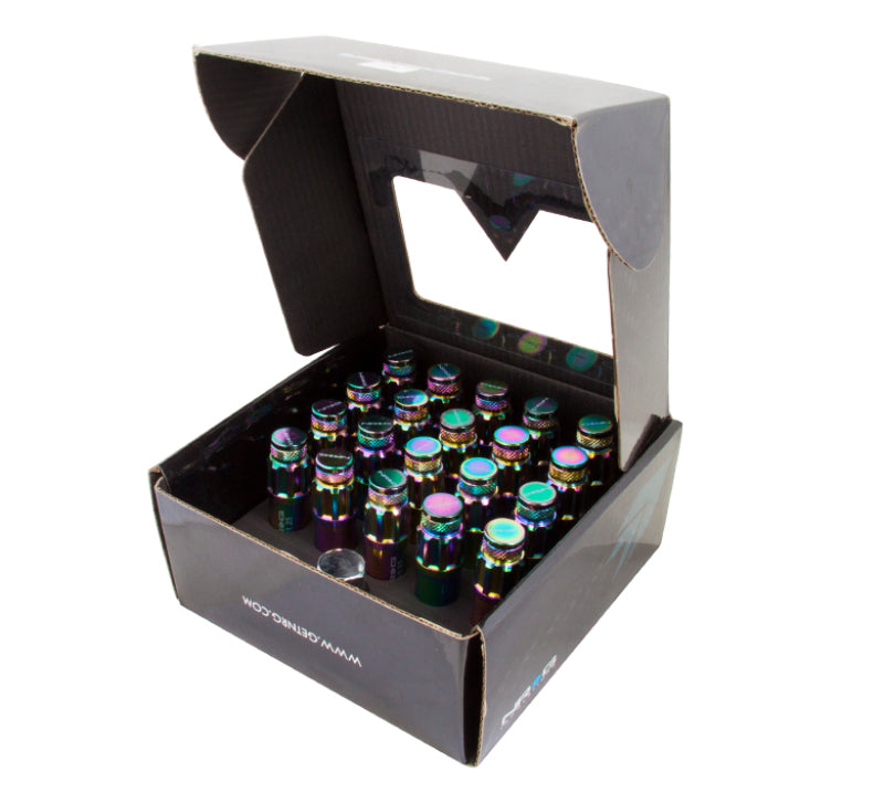 NRG 700 Series M12 x 1.5 steel lug nut set with dust cap covers, locks, and lock socket in neochrome finish.