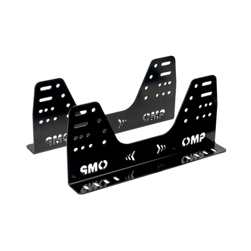 OMP Steel Seat Brackets and Frames, 3mm thickness, 400mm length, sturdy black metal construction with mounting holes.