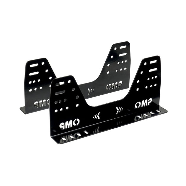 OMP Steel Seat Brackets and Frames, 3mm thickness, 400mm length, sturdy black metal construction with mounting holes.