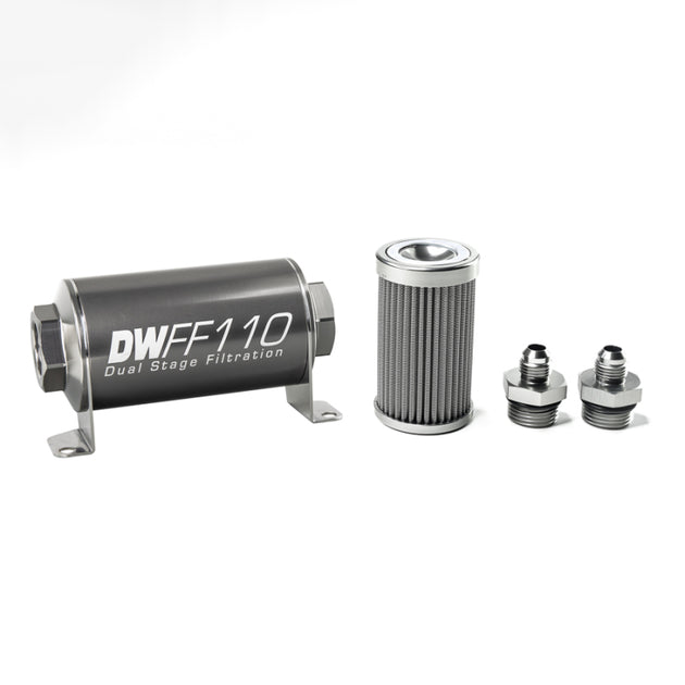 DeatschWerks stainless steel 6AN inline fuel filter housing kit with 100 micron filter, 110mm length, for automotive fuel systems