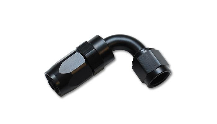 Vibrant -12AN 90-degree elbow hose end fitting showing the metallic fitting with smooth curves and detailed threading.