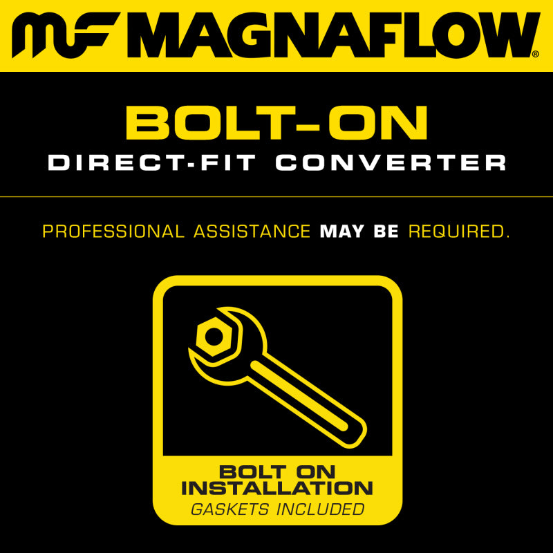 MagnaFlow catalytic converter direct fit for 2014-2016 GMC Sierra 1500 V6 4.3L engine, showing the metal component with inlet and outlet ports.