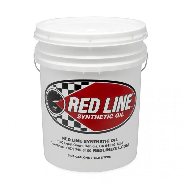 Red Line 75W90 GL-5 gear oil in a 5-gallon container, suitable for transmission and differential lubrication.