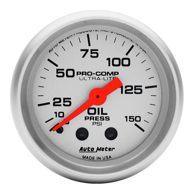 AutoMeter Ultra-Lite 52mm mechanical oil pressure gauge with 0-150 PSI display for vehicle monitoring.