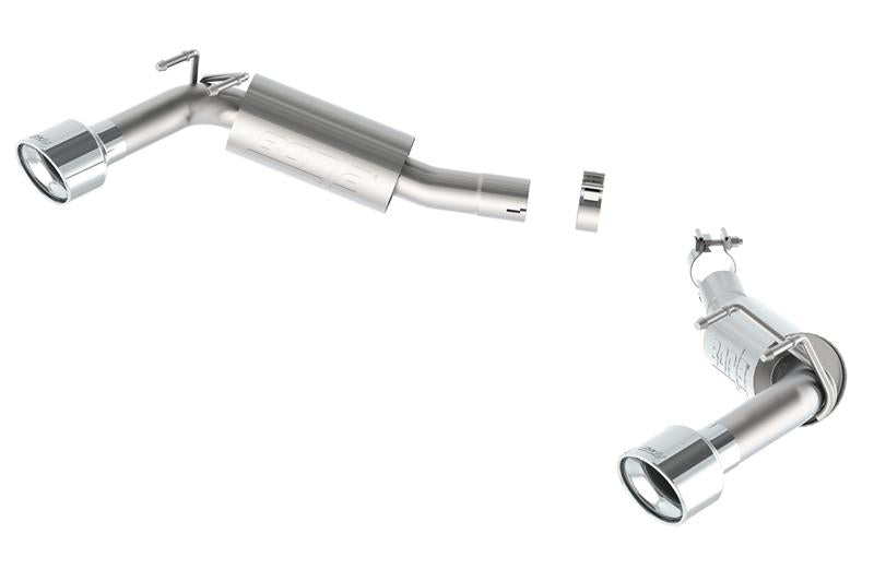 Borla axle back exhaust rear section for 2014-2015 Camaro SS 6.2L V8 RWD with single split right rear exit, stainless steel construction.