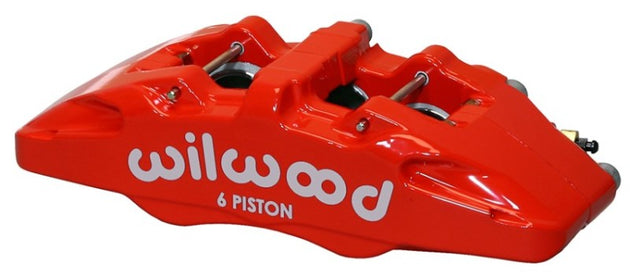 Wilwood Forged Dynapro 6 brake caliper with red finish, 5.25-inch mount, pistons, and disc for high-performance braking system