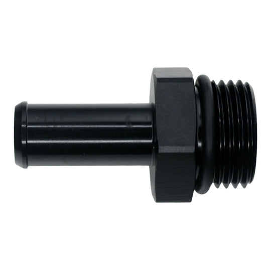 DeatschWerks 10AN ORB male to 1/2 inch male barb fitting in anodized matte black, showcasing the fitting's smooth finish and compact design.