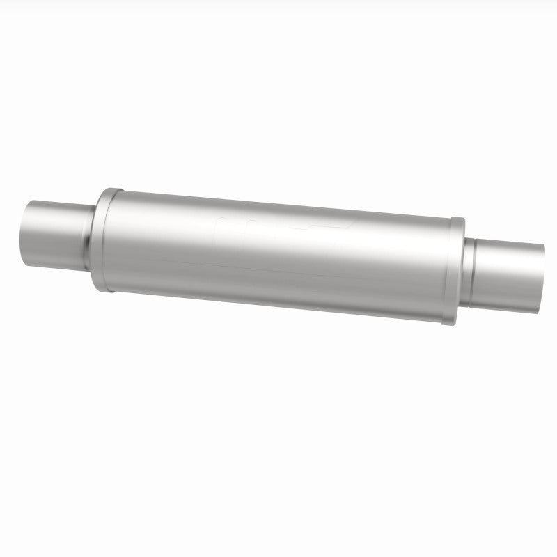MagnaFlow Mag SS muffler with 14x4x4 inch and 2.5x2.5 inch inlet and outlet pipes, showing the stainless steel construction.