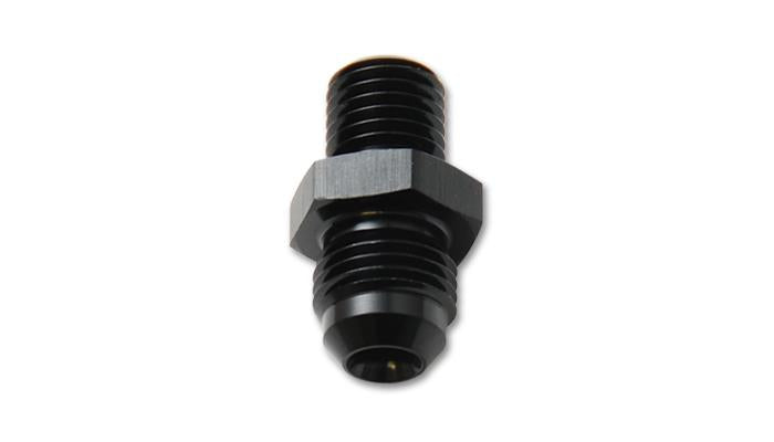 Vibrant -4AN to 10mm x 1.0 metric straight adapter fitting with black finish, designed for fluid connection applications