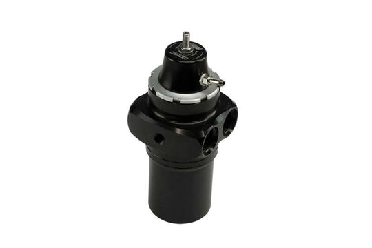 Turbosmart FPRF8 black fuel pressure regulator and filter, showcasing the compact design and durable construction.