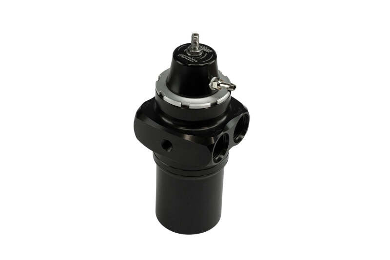 Turbosmart FPRF8 black fuel pressure regulator and filter, showcasing the compact design and durable construction.