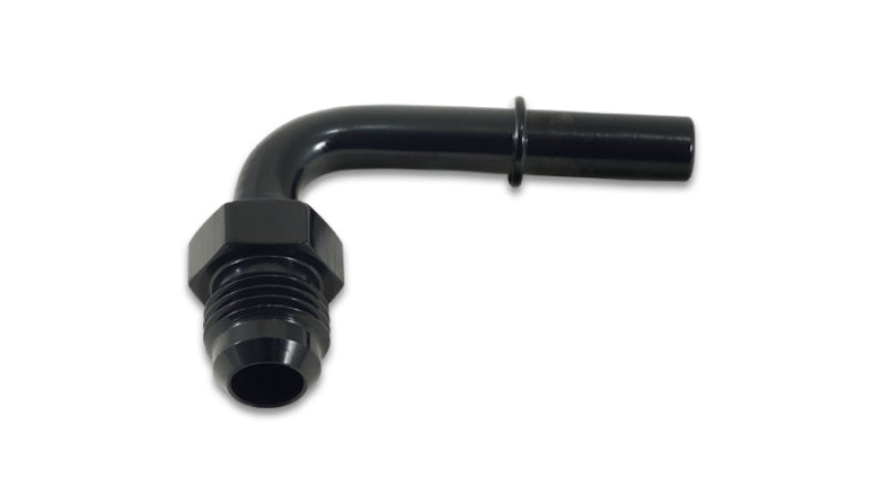 Vibrant 90 degree aluminum AN to male quick connect fitting with -8AN size and 0.375-inch barb for automotive or fluid connections