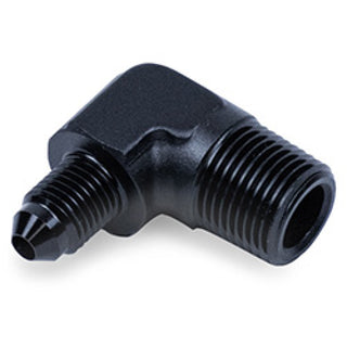 Snow Performance black 3/8-inch NPT to 4AN elbow water fitting for automotive cooling and fuel systems.