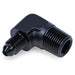 Black Snow Performance 3/8-inch NPT to 4AN elbow water fitting for automotive cooling and fluid connections.