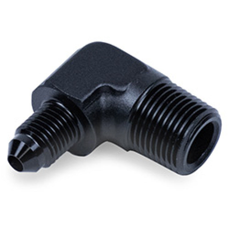 Black Snow Performance 3/8-inch NPT to 4AN elbow water fitting for automotive cooling and fluid connections.