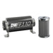 DeatschWerks stainless steel 10AN inline fuel filter housing kit with 100-micron filter element, shown with fittings and mounting hardware.