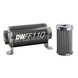 DeatschWerks stainless steel 10AN inline fuel filter housing kit with 100-micron filter element, shown with fittings and mounting hardware.