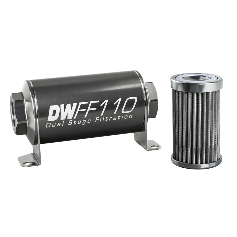 DeatschWerks stainless steel 10AN inline fuel filter housing kit with 100-micron filter element, shown with fittings and mounting hardware.