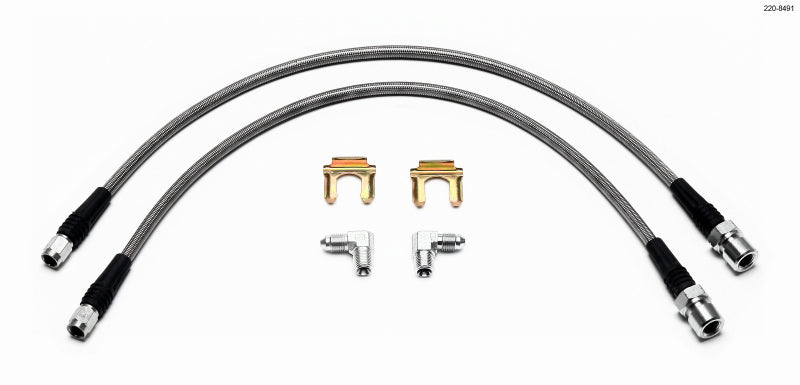 Wilwood front mini-Cooper brake line kit with flexible brake lines and fittings, designed for improved braking performance.