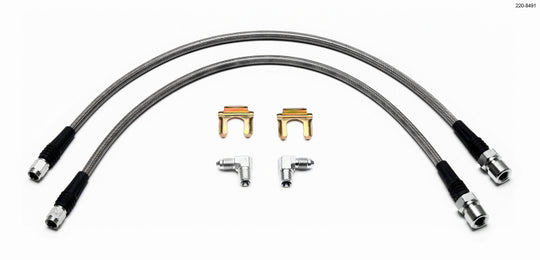 Wilwood front mini-Cooper brake line kit with flexible brake lines and fittings, designed for improved braking performance.