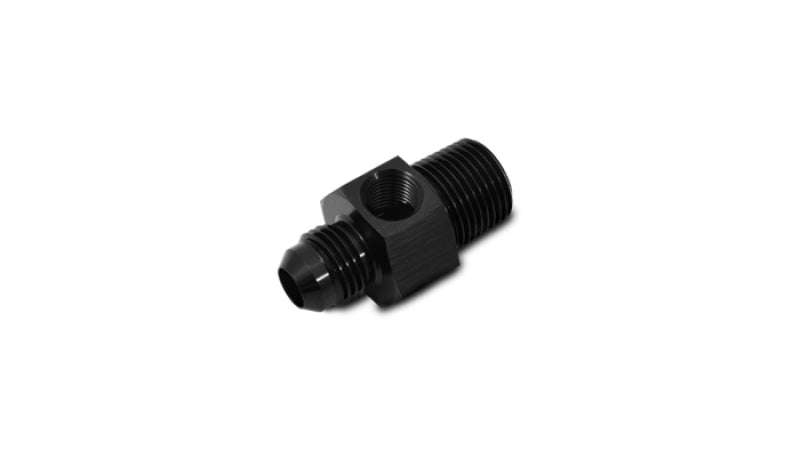 Vibrant -8AN male to 1/4 inch NPT male union adapter fitting with 1/8 inch NPT port, made of durable metal.