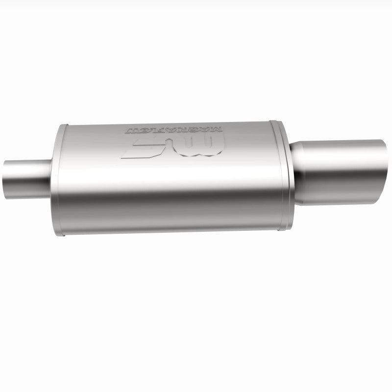 MagnaFlow stainless steel muffler with tip, 14x5x8 inches, features 2.25/4 inch inlet and outlet for automotive exhaust systems.