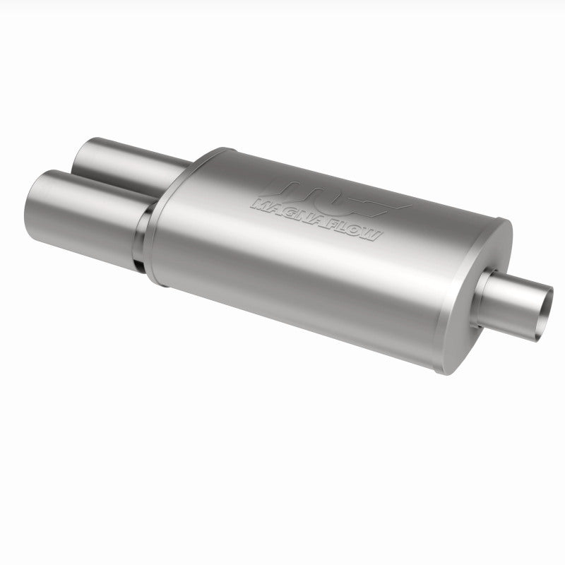 MagnaFlow stainless steel muffler with exhaust tip, 14x5x8 inches, featuring 2.25/3 inch inlet and outlet for automotive exhaust systems.