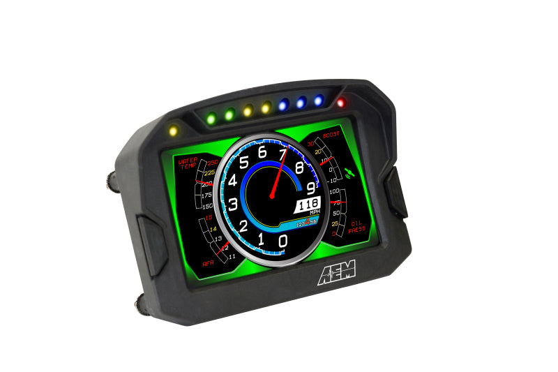 AEM CD-5LG carbon logging digital dash display with 10Hz GPS and antenna, showcasing its sleek gauge design and digital interface.