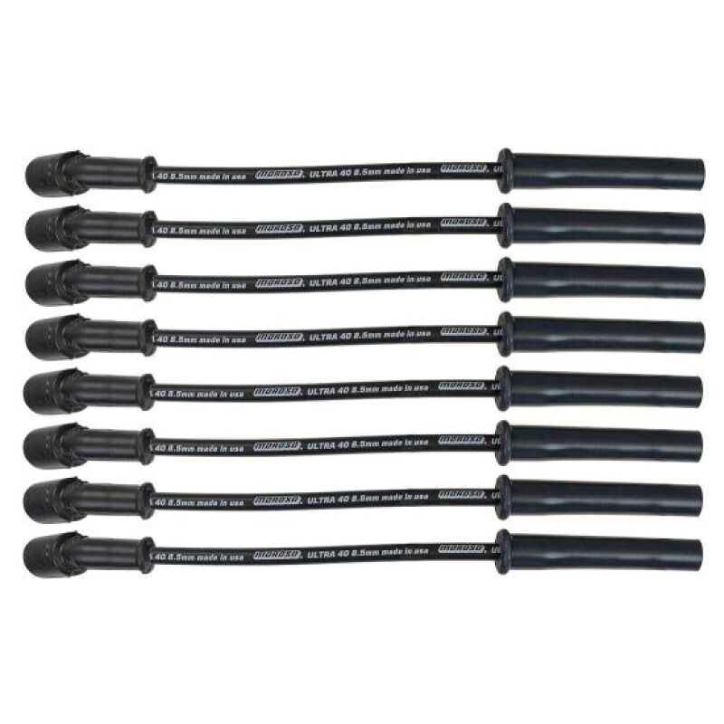 Moroso GM LS/LQ 4.8-6.2L Ultra 40 8.5mm multi-angle spark plug wire set in black, designed for high-performance ignition systems.