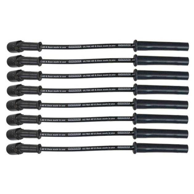 Moroso GM LS/LQ 4.8-6.2L Ultra 40 8.5mm multi-angle spark plug wire set in black, designed for high-performance ignition systems.