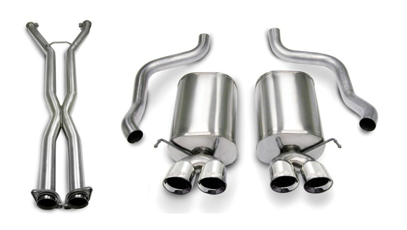 CORSA Performance Axle-Back Sport exhaust system installed on a vehicle, showcasing polished pipes and dual exhaust tips.