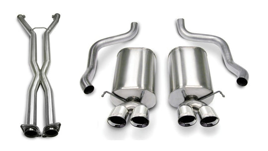 CORSA Performance Axle-Back Sport exhaust system installed on a vehicle, showcasing polished pipes and dual exhaust tips.