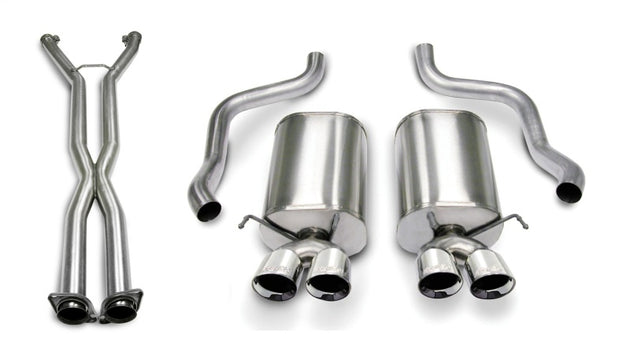CORSA Performance Axle-Back Sport exhaust system installed on a vehicle, showcasing polished pipes and dual exhaust tips.