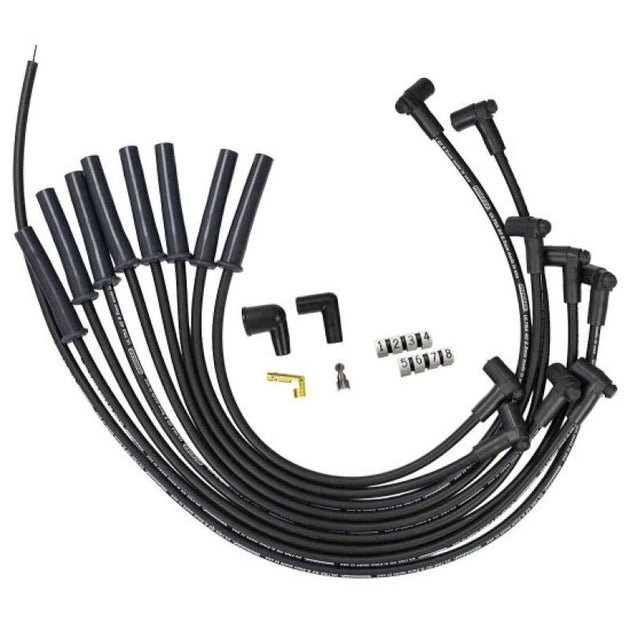 Moroso Ford HEI-style spark plug wire set with black 8.5mm multi-angle boots for 289, 302, 351W engines.