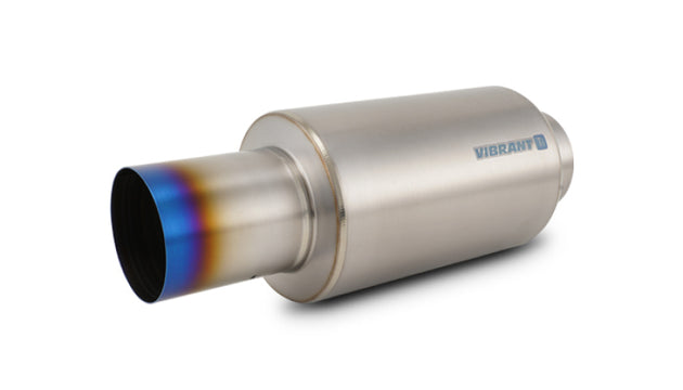 Vibrant titanium muffler with straight cut burnt tip, 4-inch inlet and outlet, showing the sleek metallic finish and exhaust tip.