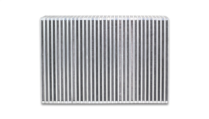 Vibrant vertical flow intercooler core with 12-inch width, 8-inch height, and 3.5-inch thickness, designed for high-performance cooling.
