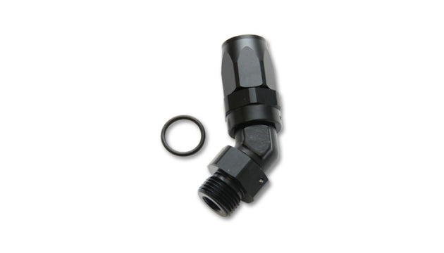 Vibrant Male -6AN 45-degree hose end fitting with 9/16-18 thread, shown in close-up for automotive or fluid connection use.