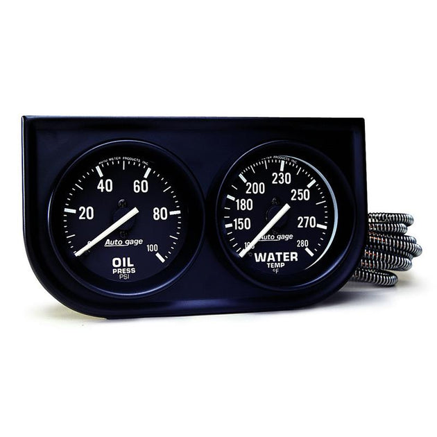 AutoMeter AutoGage two-gauge console with black background, displaying 52.4mm oil pressure and water temperature gauges.