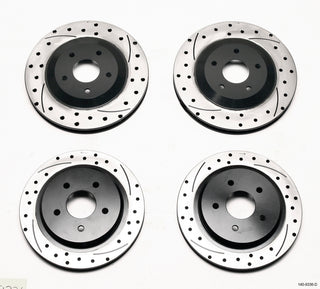 Wilwood front and rear dimpled and slotted 2-piece brake rotors for 97-04 Corvette C5 and 05-13 C6 Base models, showing drilled rotor surface.