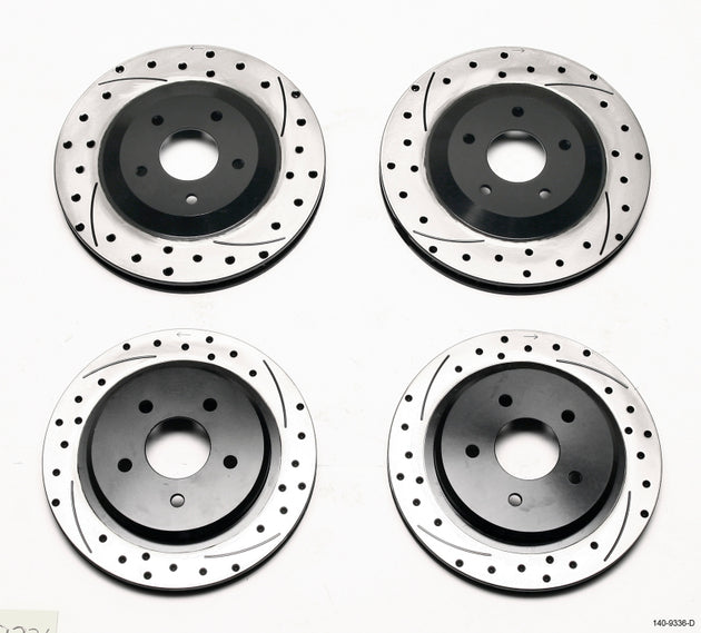Wilwood front and rear dimpled and slotted 2-piece brake rotors for 1997-2004 Corvette C5 and 2005-2013 C6 Base models.