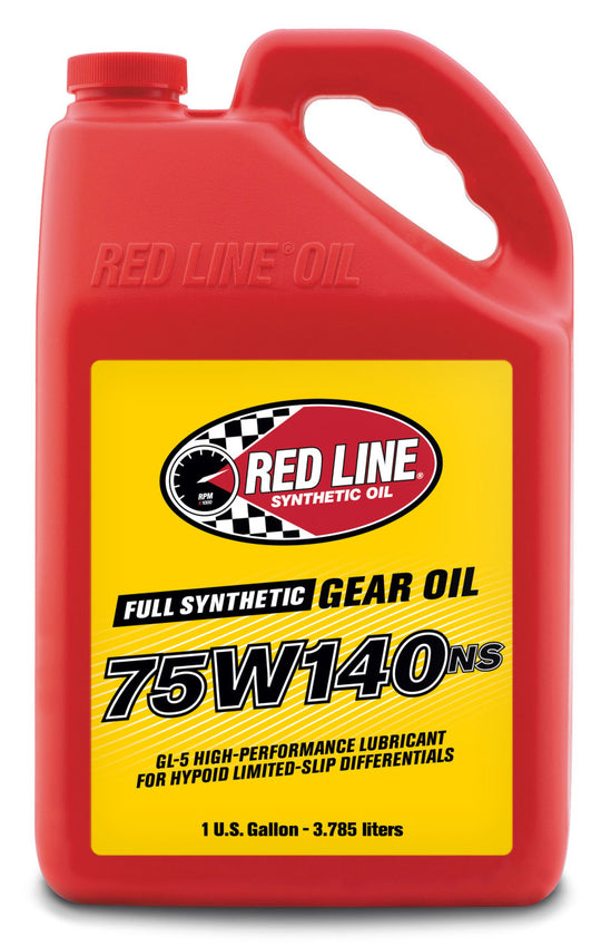 Red Line 75W140NS gear oil gallon container, high-performance gear lubricant for automotive differentials and transmissions.