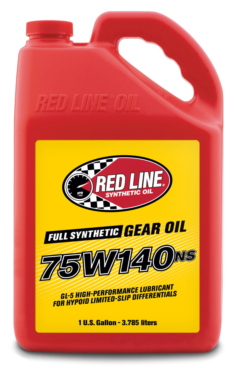 Red Line 75W140NS gear oil gallon container, high-performance gear lubricant for automotive differentials and transmissions.