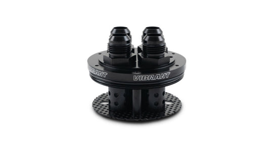 Vibrant 4-port oil catch can lid assembly for automotive oil catch cans, shown in a close-up view with multiple ports.