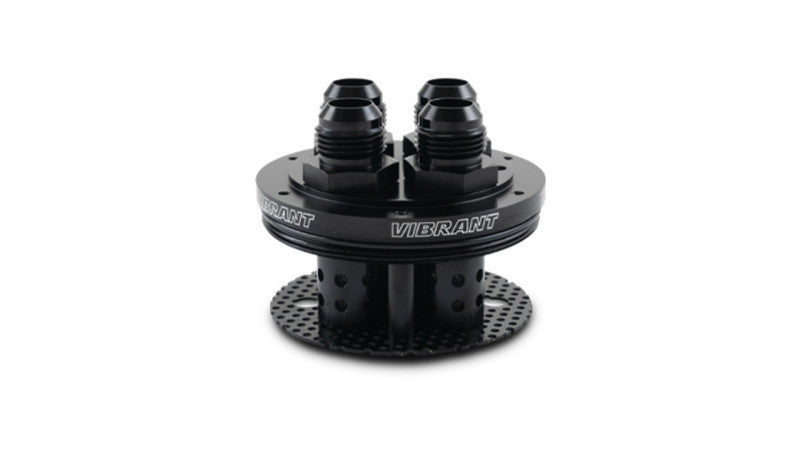 Vibrant 4-port oil catch can lid assembly for automotive oil catch cans, shown in a close-up view with multiple ports.