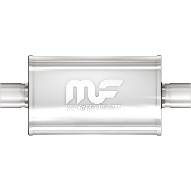 MagnaFlow MagnaFlow Muffler Mag 409SS24X5X8 3X3 C/C showing the stainless steel muffler with inlet and outlet pipes