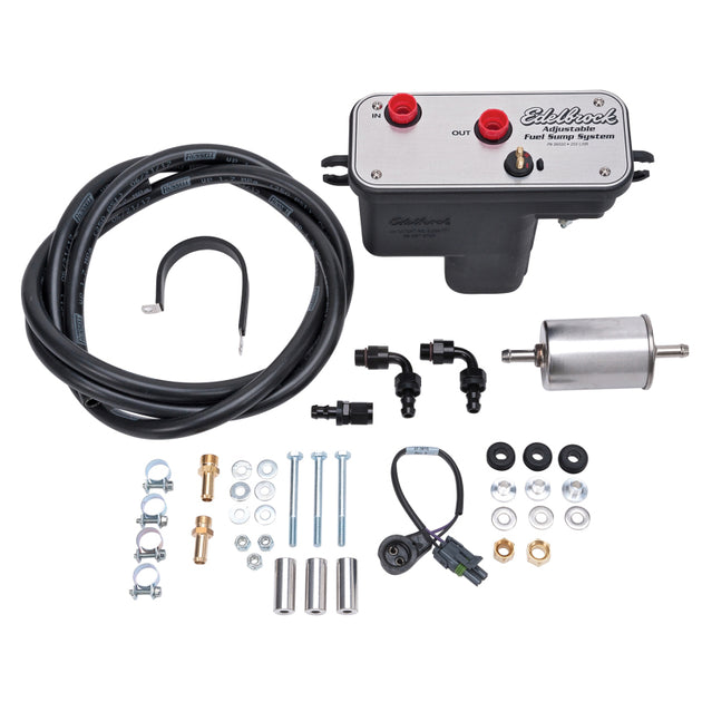 Edelbrock universal fuel sump module for fuel tanks, adjustable 255 LPH fuel system component with hoses and fittings.