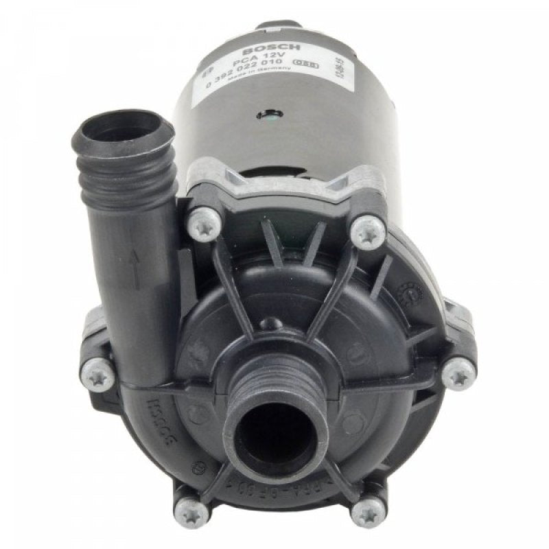 Bosch 58W electric water pump showing the compact pump unit with inlet and outlet connections for automotive use.