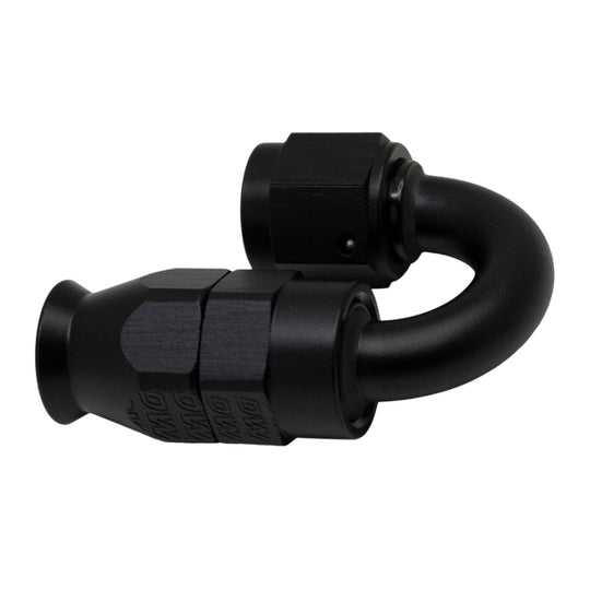 DeatschWerks 6AN female swivel hose end fitting with PTFE and olive insert, matte black anodized finish, for high-performance fuel systems.